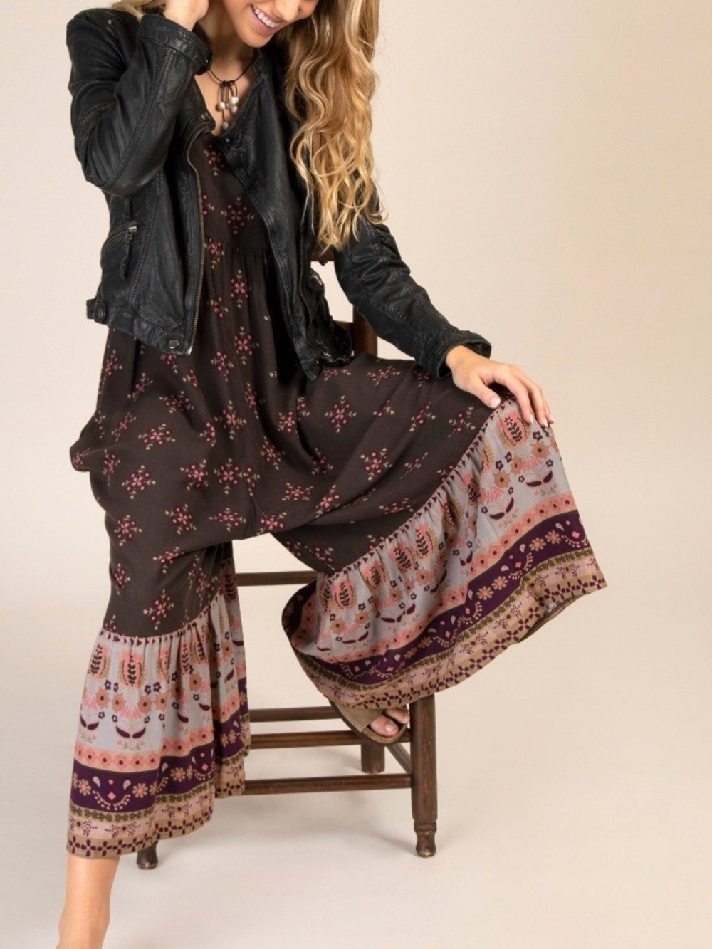 NATURAL LIFE Brown Floral Wide-Leg Jumpsuit with Printed Hem